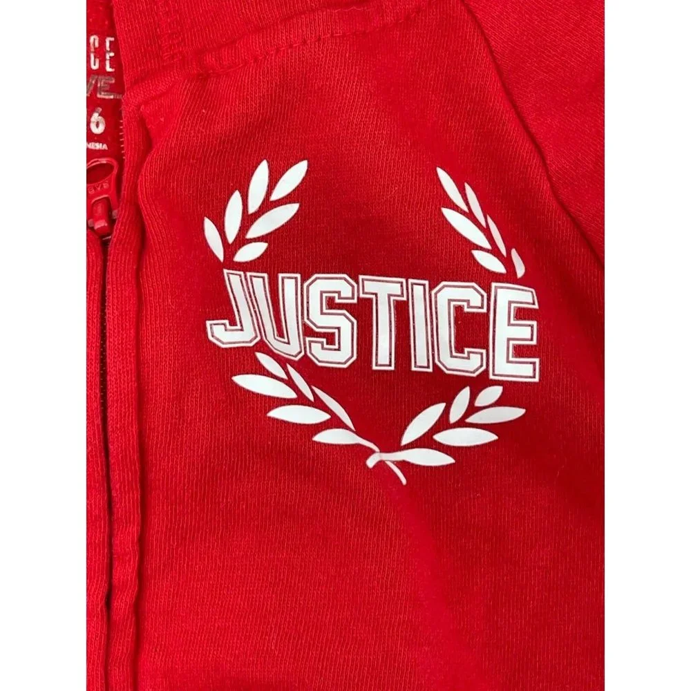 Justice Girl's Red Graphic Hooded Sweatshirt Hoodie Long Striped Sleeves 14/16